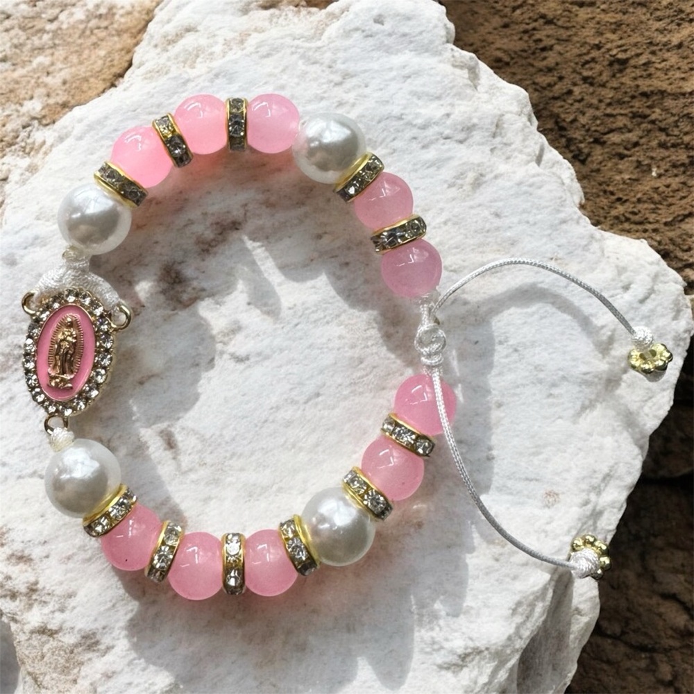 Blush Pearl Rosary Bracelet – Adjustable Gold & Crystal Accent
